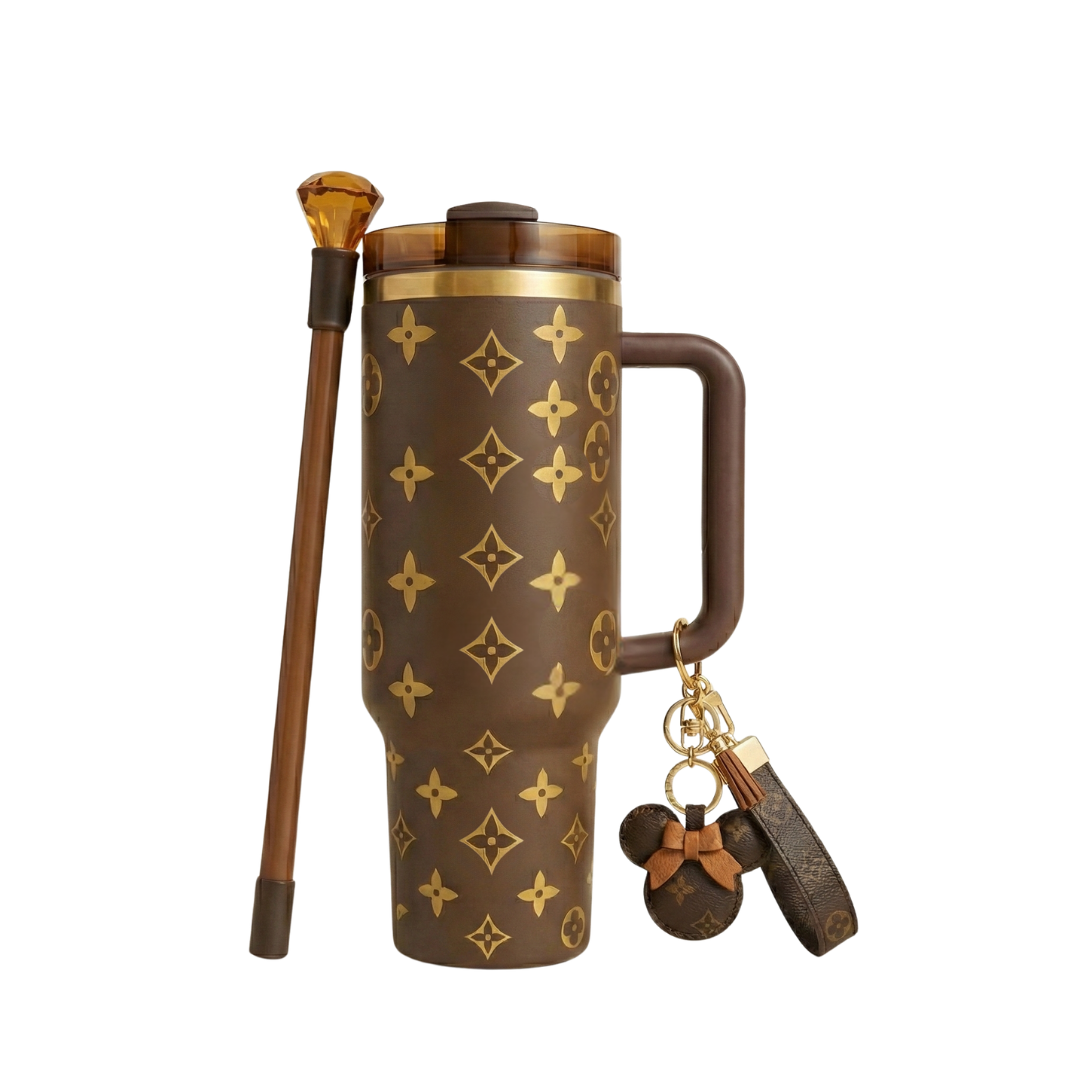 40oz Luxury Tumbler Brown + Keychain + Straw Topper
