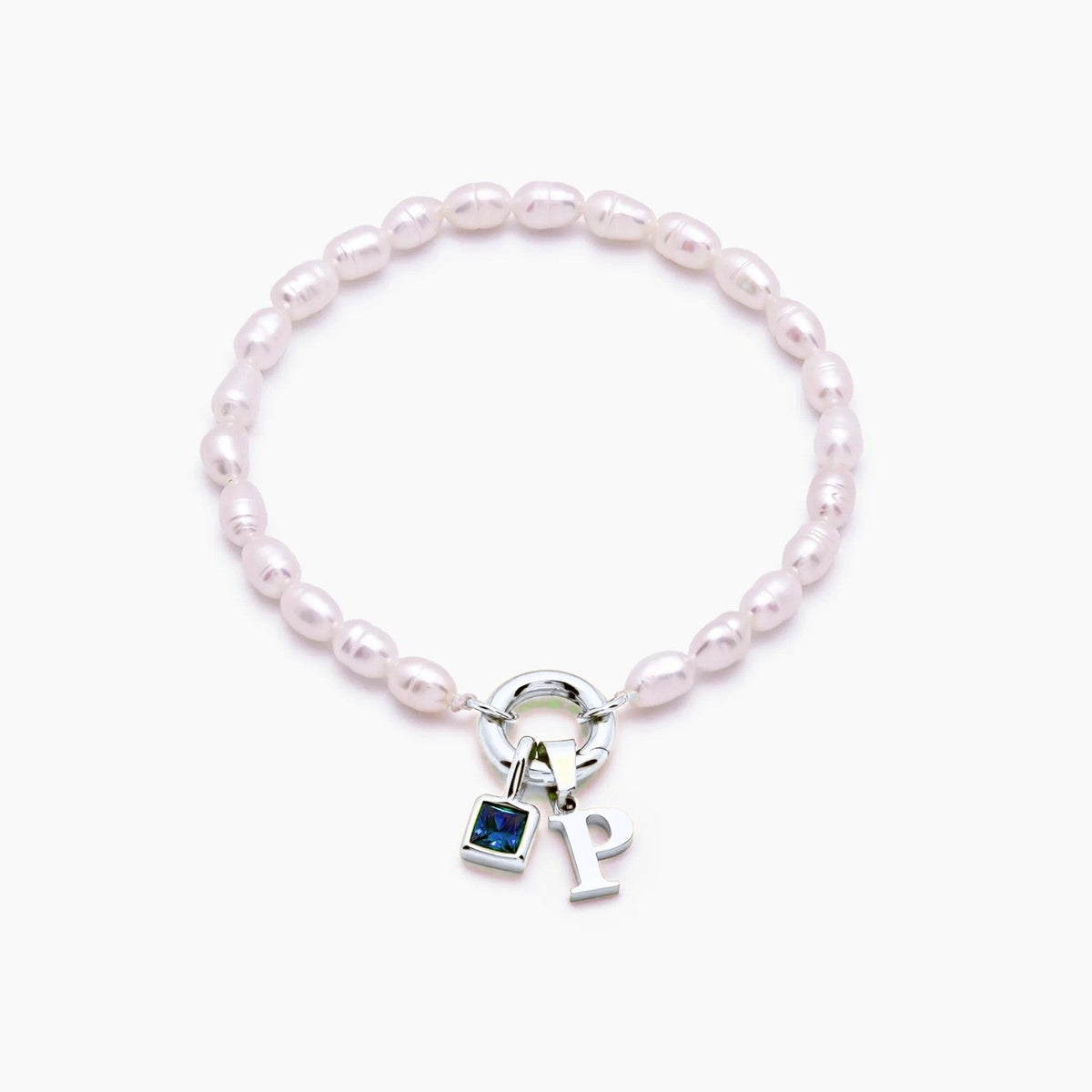 pearl-initial-birthstone-bracelet — Silver / Dec-Blue Topaz