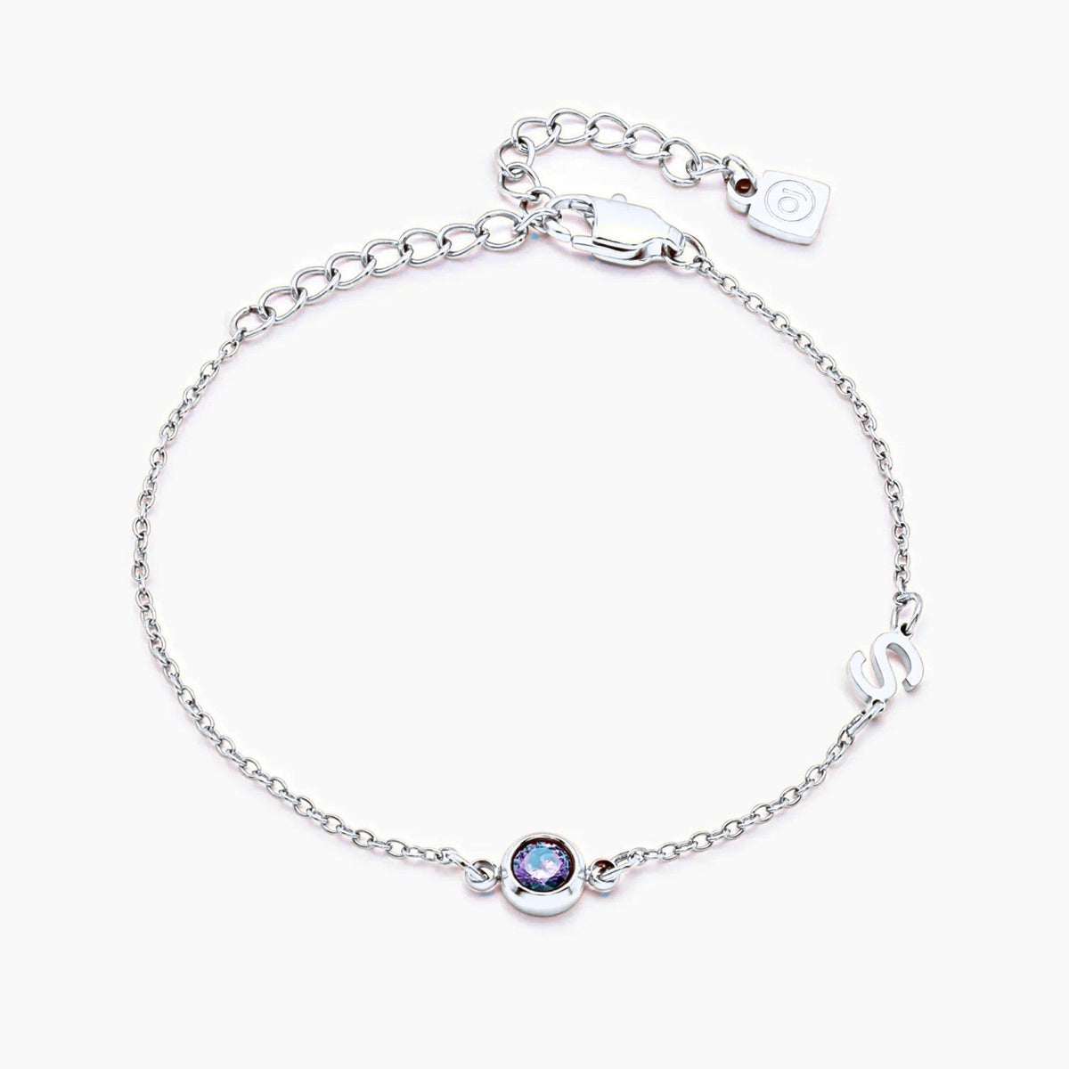 side-set-initial-birthstone-bracelet — Silver / Dec-Blue Topaz