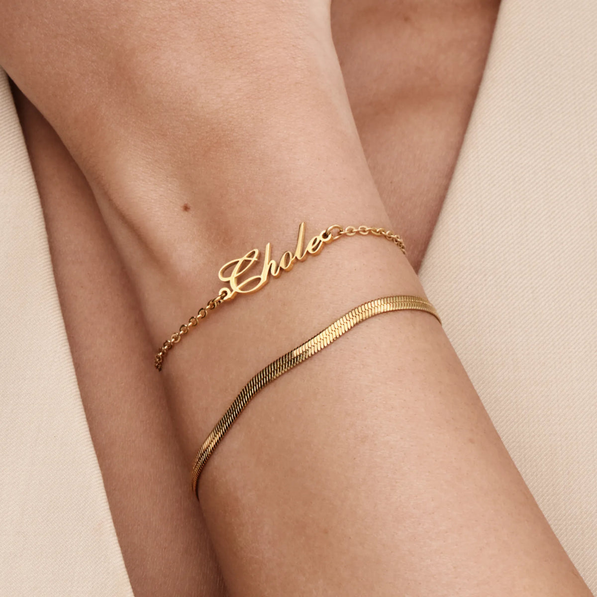 Personalised name bracelet lifestyle shot — Olivia Jewelry