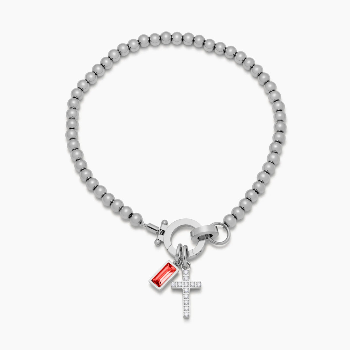 Silver beaded cross charm bracelet close-up — Olivia Jewelry