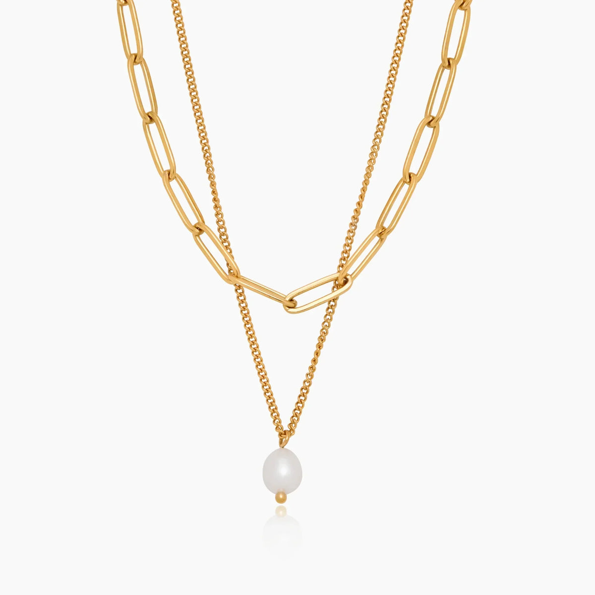 Paperclip & Pearl Drop Layered Necklace