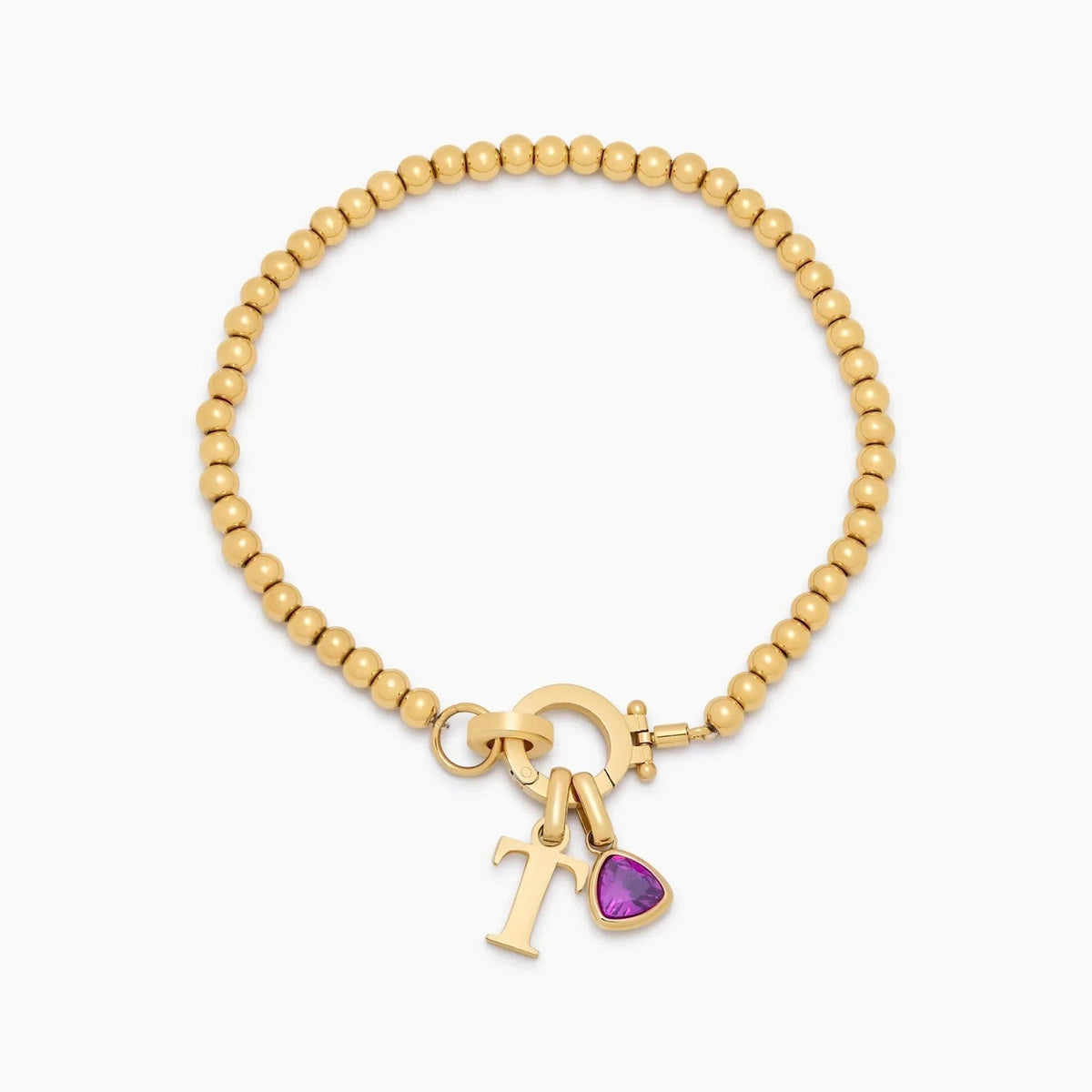 beaded-birthstone-initial-charm-bracelet — Gold / Feb-Amethyst