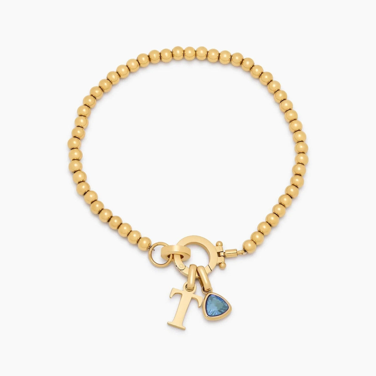 beaded-birthstone-initial-charm-bracelet — Gold / Mar-Aquamarine