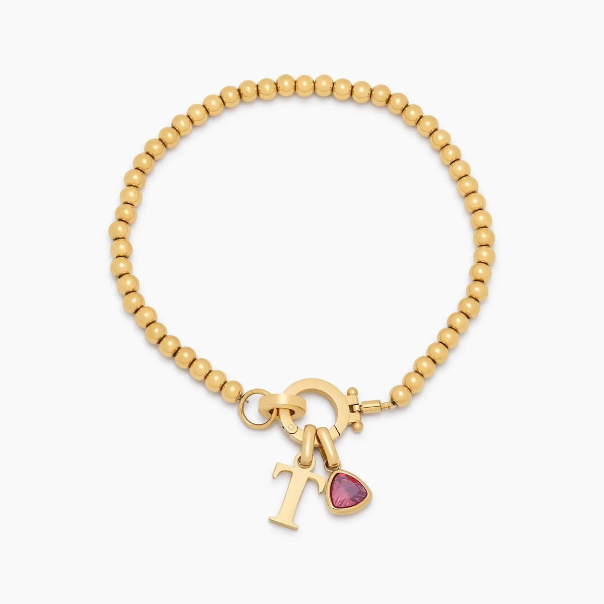 beaded-birthstone-initial-charm-bracelet — Gold / Oct-Pink Tourmaline