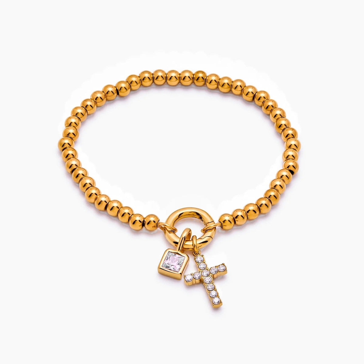 beaded-cross-birthstone-bracelet — Gold / Apr-Diamond