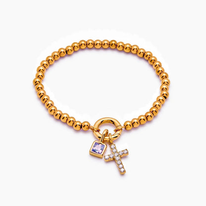 beaded-cross-birthstone-bracelet — Gold / Feb-Amethyst