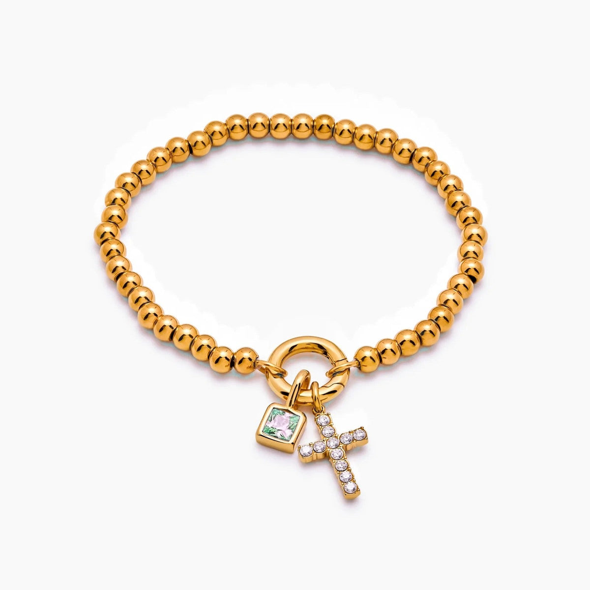 beaded-cross-birthstone-bracelet — Gold / Mar-Aquamarine