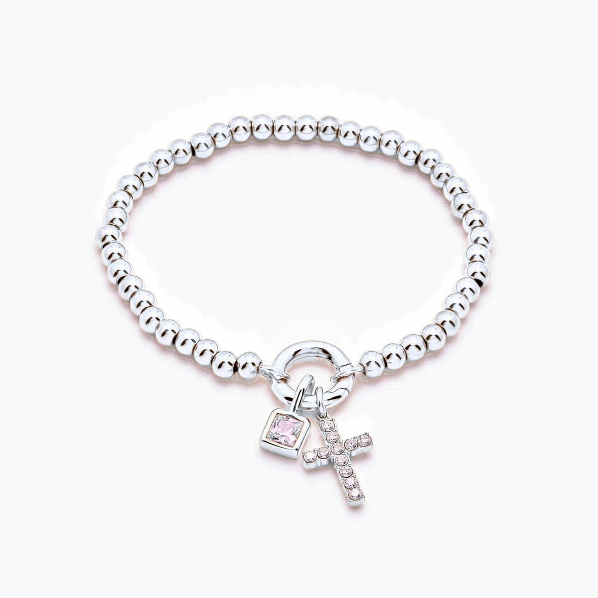 beaded-cross-birthstone-bracelet — Silver / Apr-Diamond
