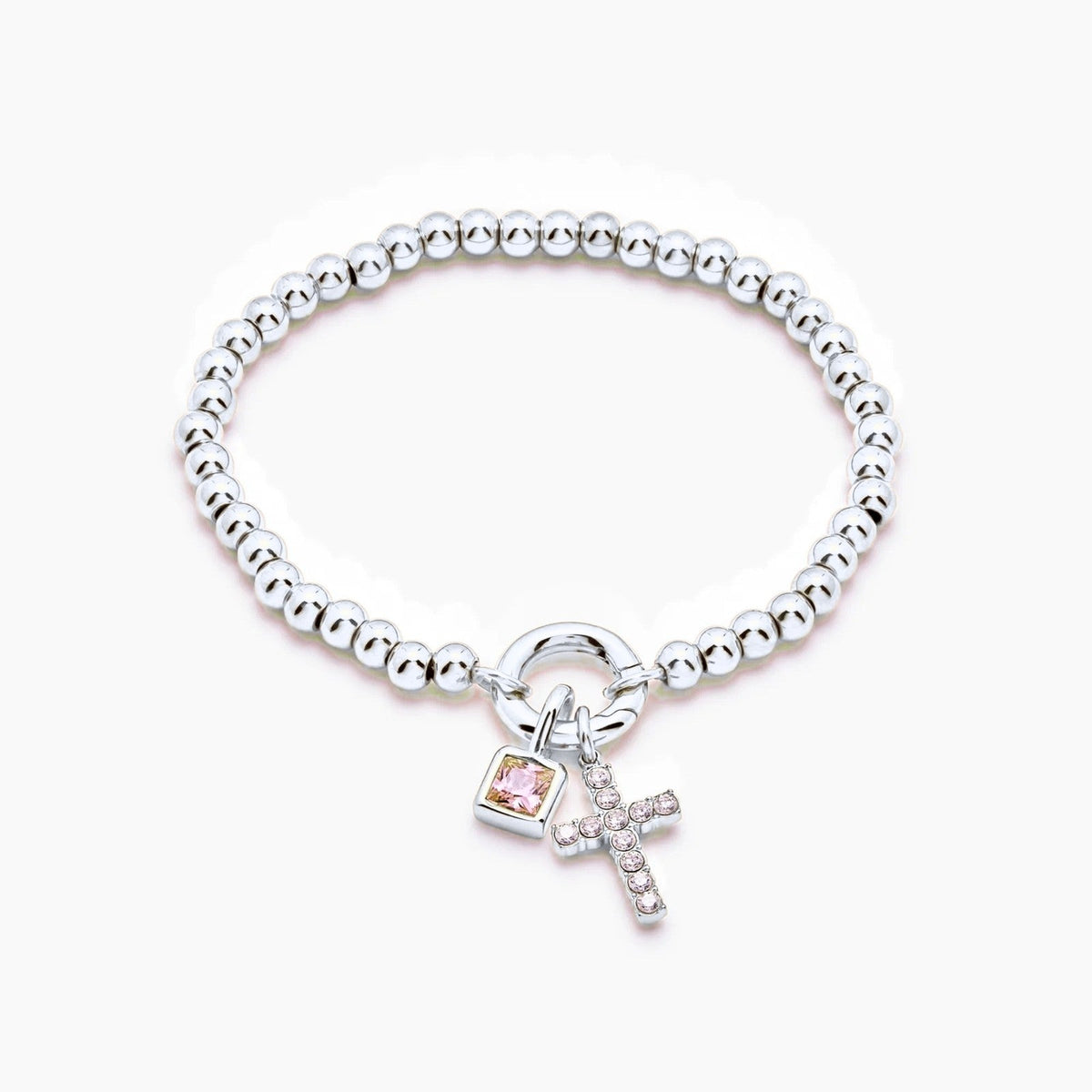 beaded-cross-birthstone-bracelet — Silver / Aug-Peridot
