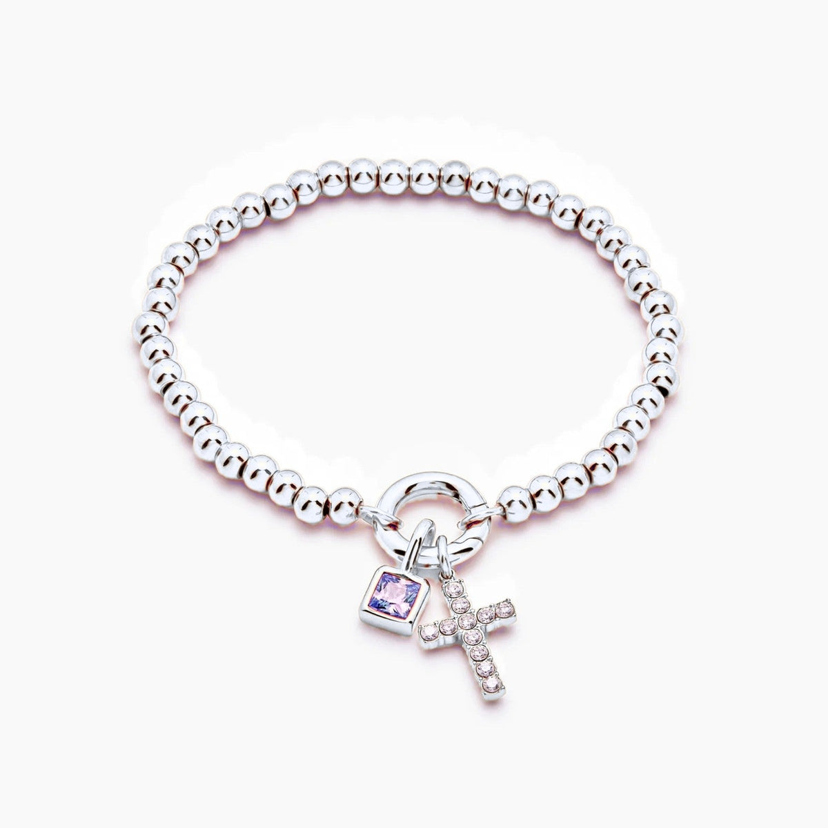 beaded-cross-birthstone-bracelet — Silver / Feb-Amethyst