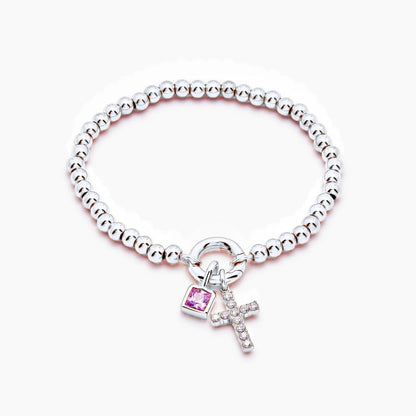 beaded-cross-birthstone-bracelet — Silver / Jul-Ruby