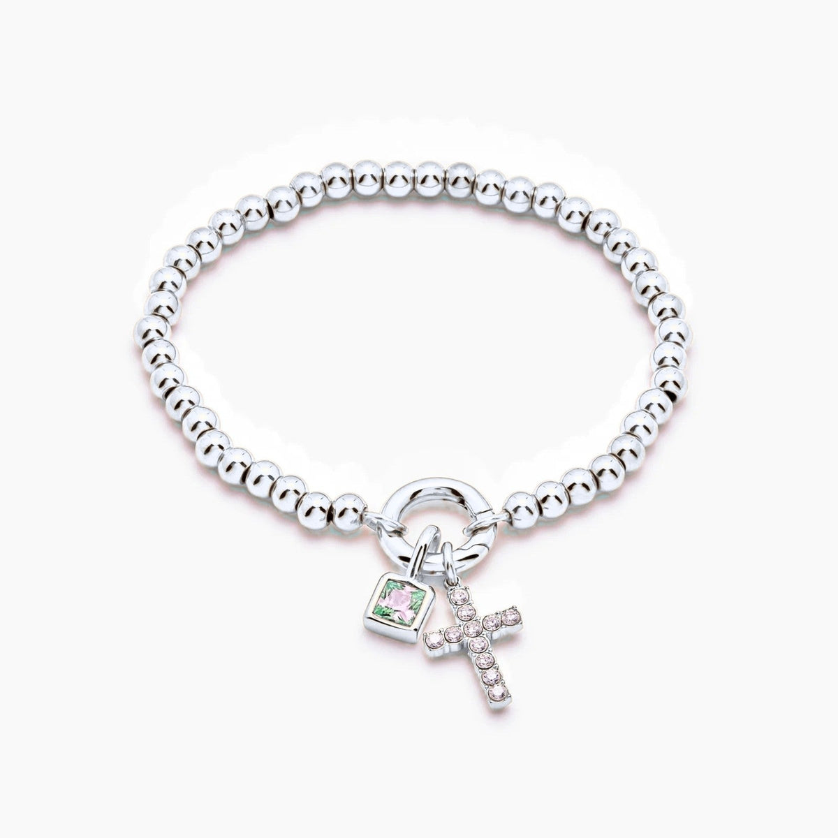 beaded-cross-birthstone-bracelet — Silver / Mar-Aquamarine