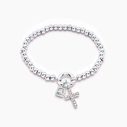 beaded-cross-birthstone-bracelet — Silver / Mar-Aquamarine