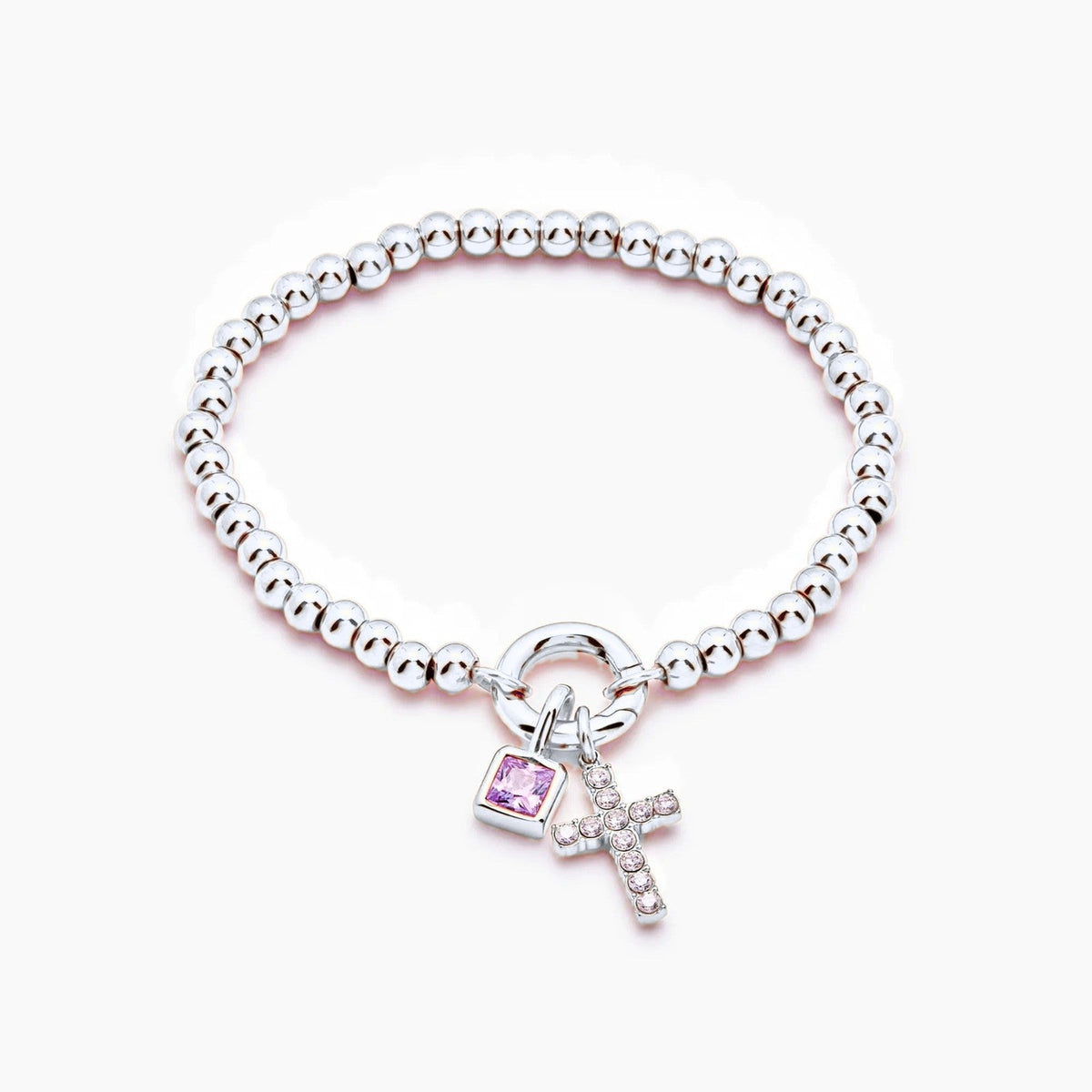 beaded-cross-birthstone-bracelet — Silver / Oct-Pink Tourmaline
