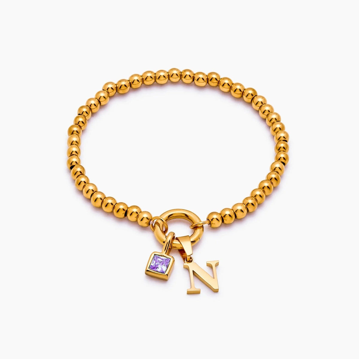 beaded-initial-birthstone-bracelet — Gold / Feb-Amethyst
