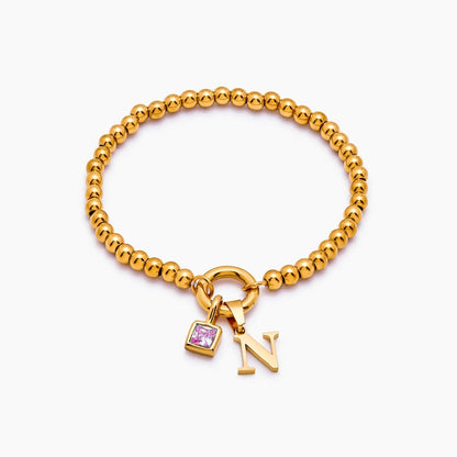 beaded-initial-birthstone-bracelet — Gold / Oct-Pink Tourmaline