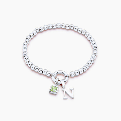 beaded-initial-birthstone-bracelet — Silver / Aug-Peridot