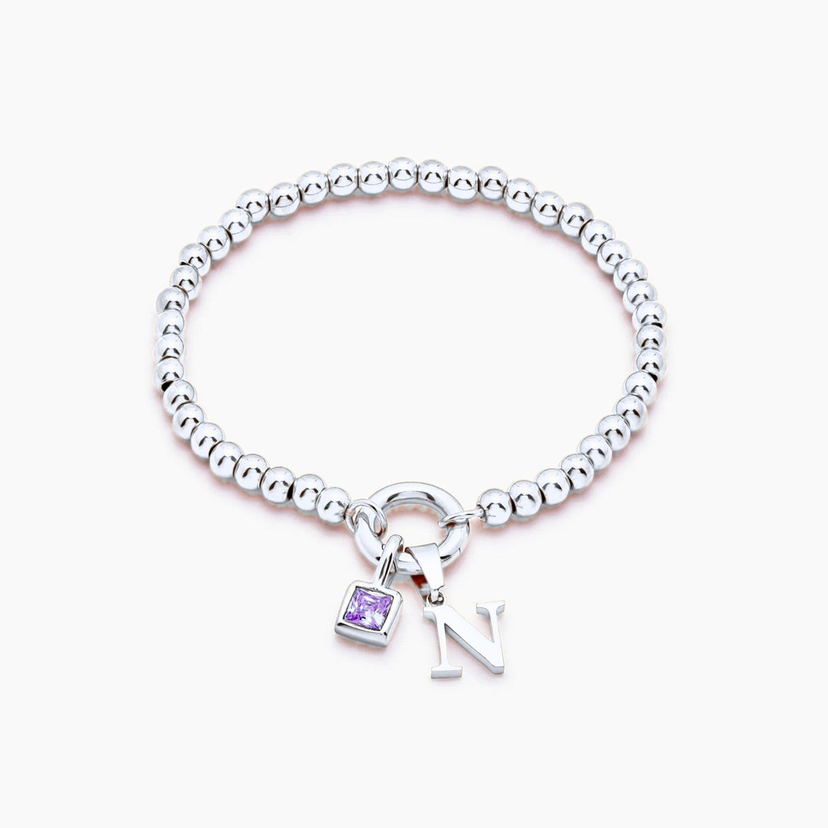 beaded-initial-birthstone-bracelet — Silver / Feb-Amethyst