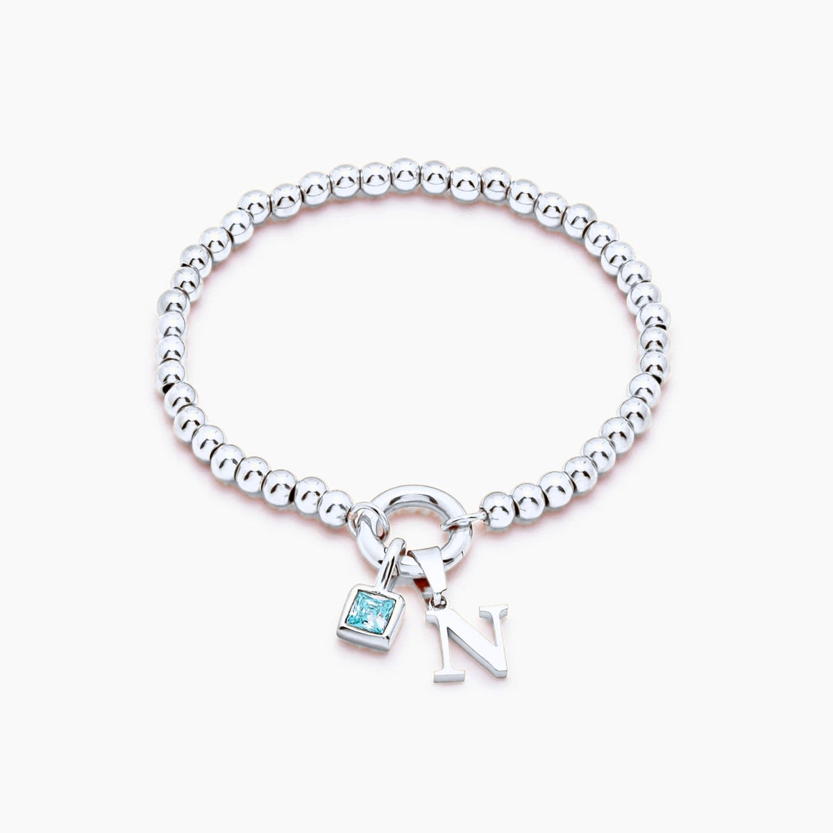 beaded-initial-birthstone-bracelet — Silver / Mar-Aquamarine