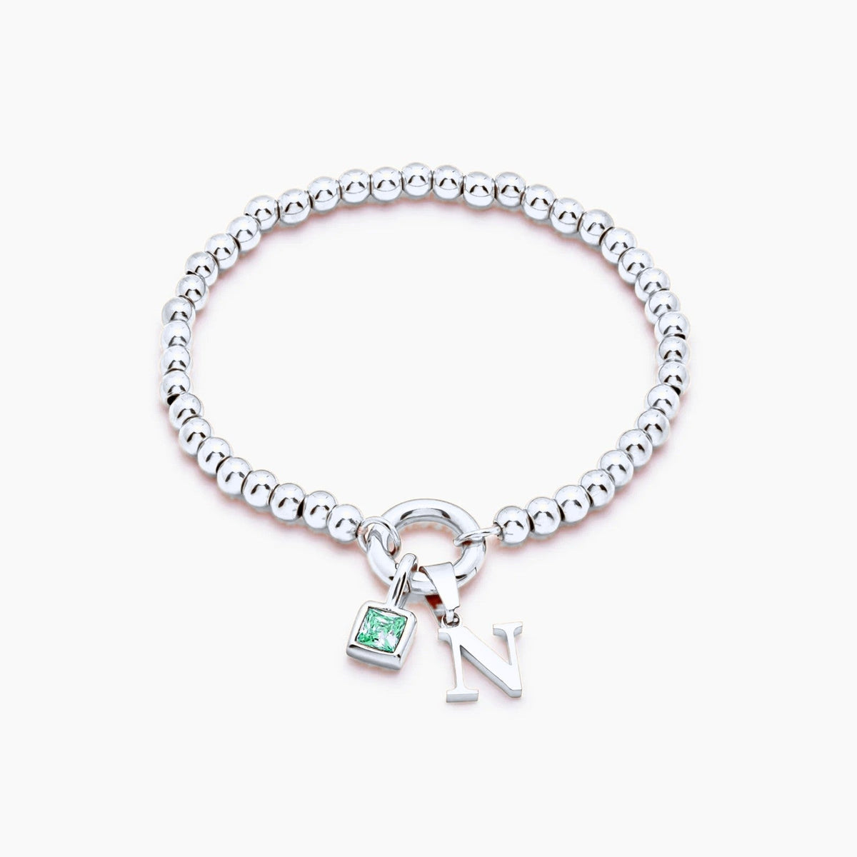 beaded-initial-birthstone-bracelet — Silver / May-Emerald