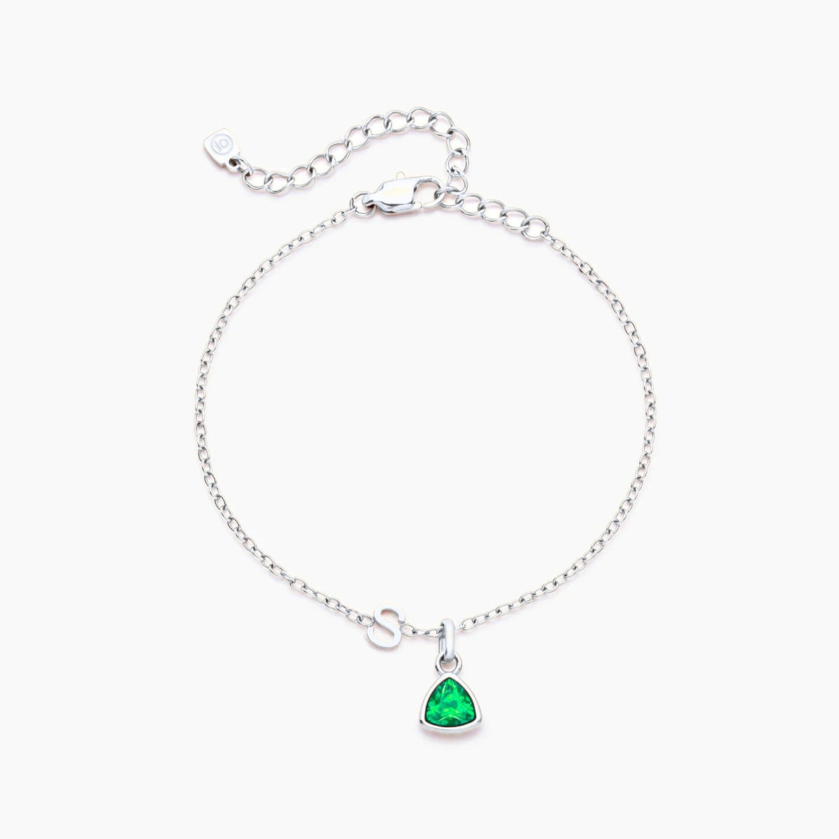 birthstone-initial-charm-bracelet — Silver / May-Emerald
