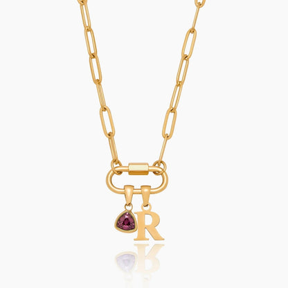 carabiner-charm-lock-necklace-with-initial-birthstone — Gold / Jul-Ruby