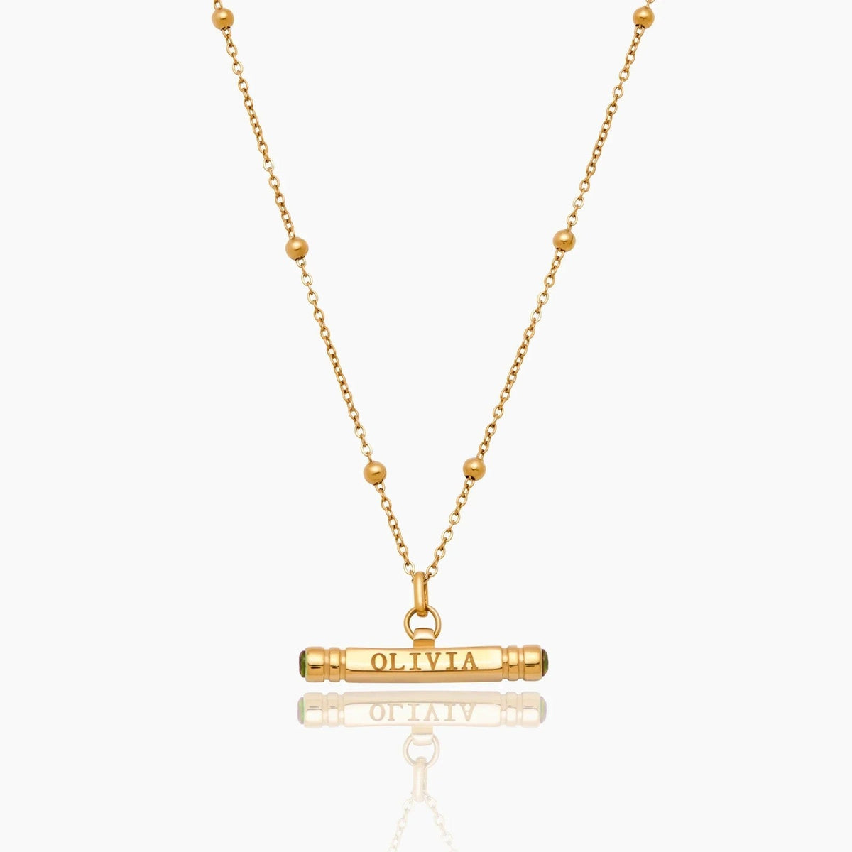 custom-name-birthstone-t-bar-necklace — Gold / Aug-Peridot