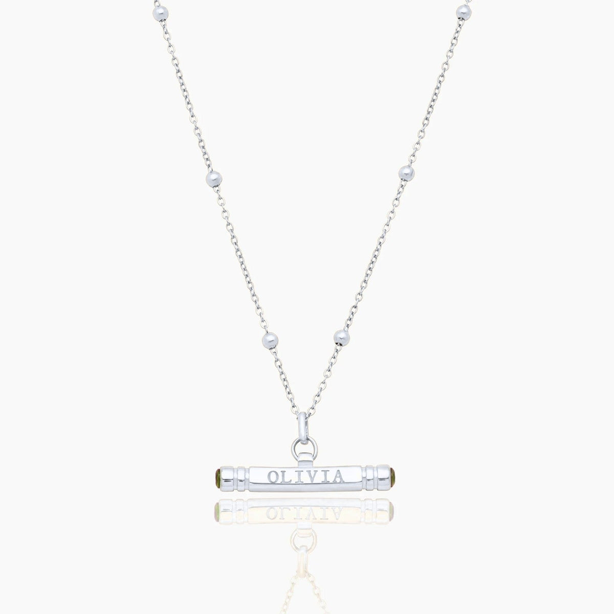 custom-name-birthstone-t-bar-necklace — Silver / Aug-Peridot