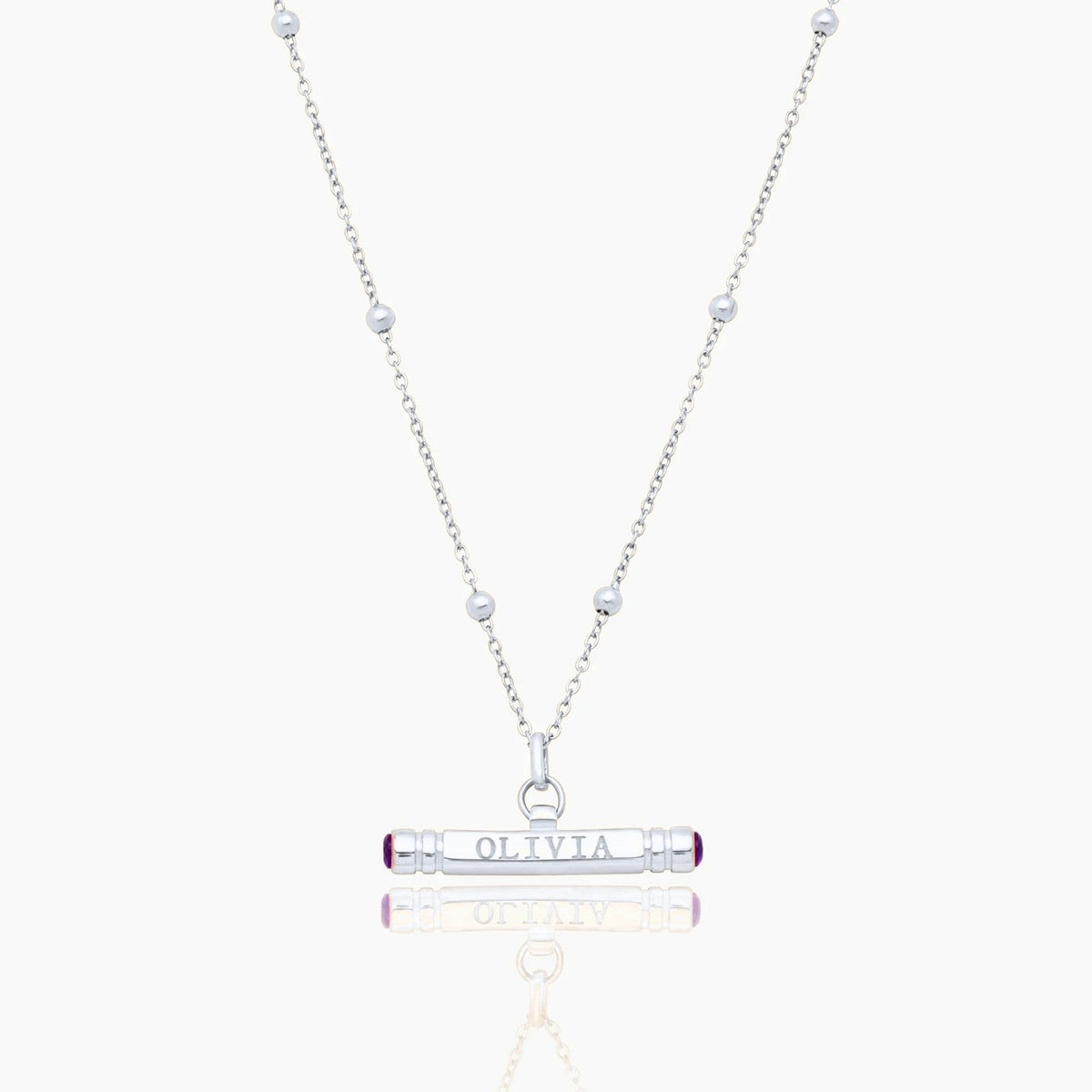 custom-name-birthstone-t-bar-necklace — Silver / Feb-Amethyst
