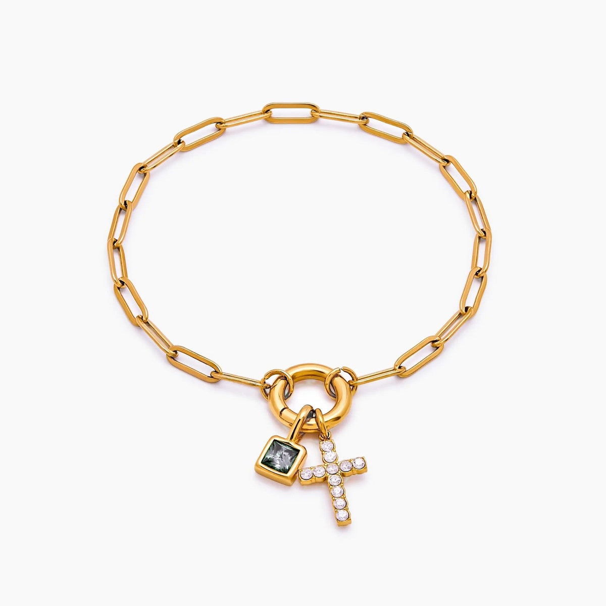 paperclip-cross-charm-bracelet — Gold / Apr-Diamond