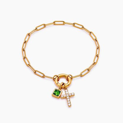 paperclip-cross-charm-bracelet — Gold / Aug-Peridot