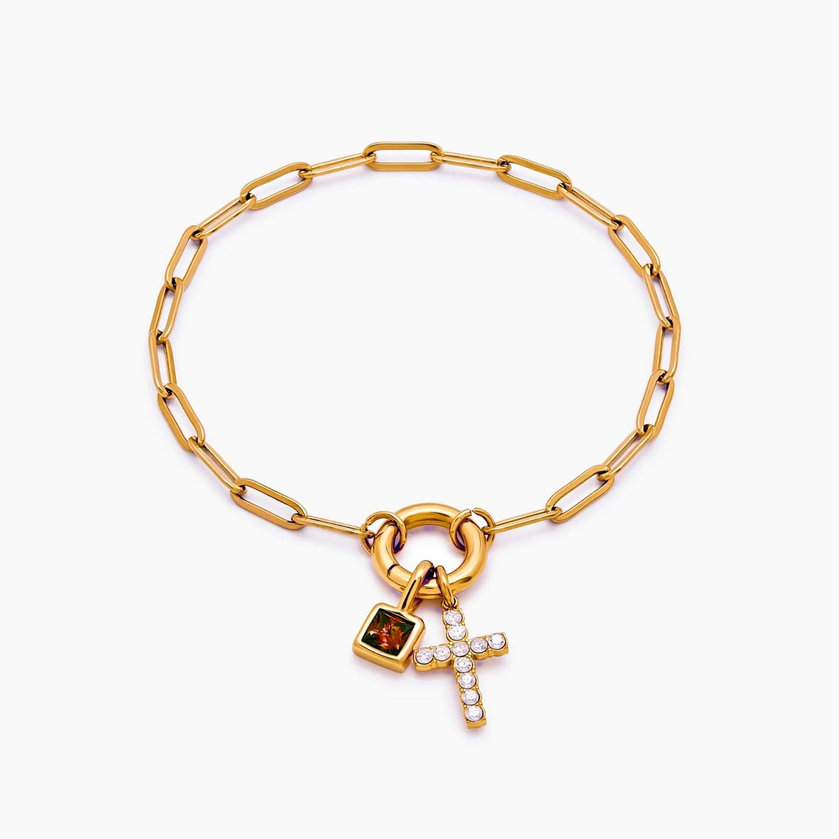 paperclip-cross-charm-bracelet — Gold / Jan-Garnet