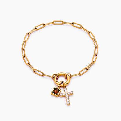 paperclip-cross-charm-bracelet — Gold / Jan-Garnet