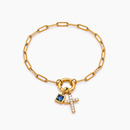 paperclip-cross-charm-bracelet — Gold / Mar-Aquamarine
