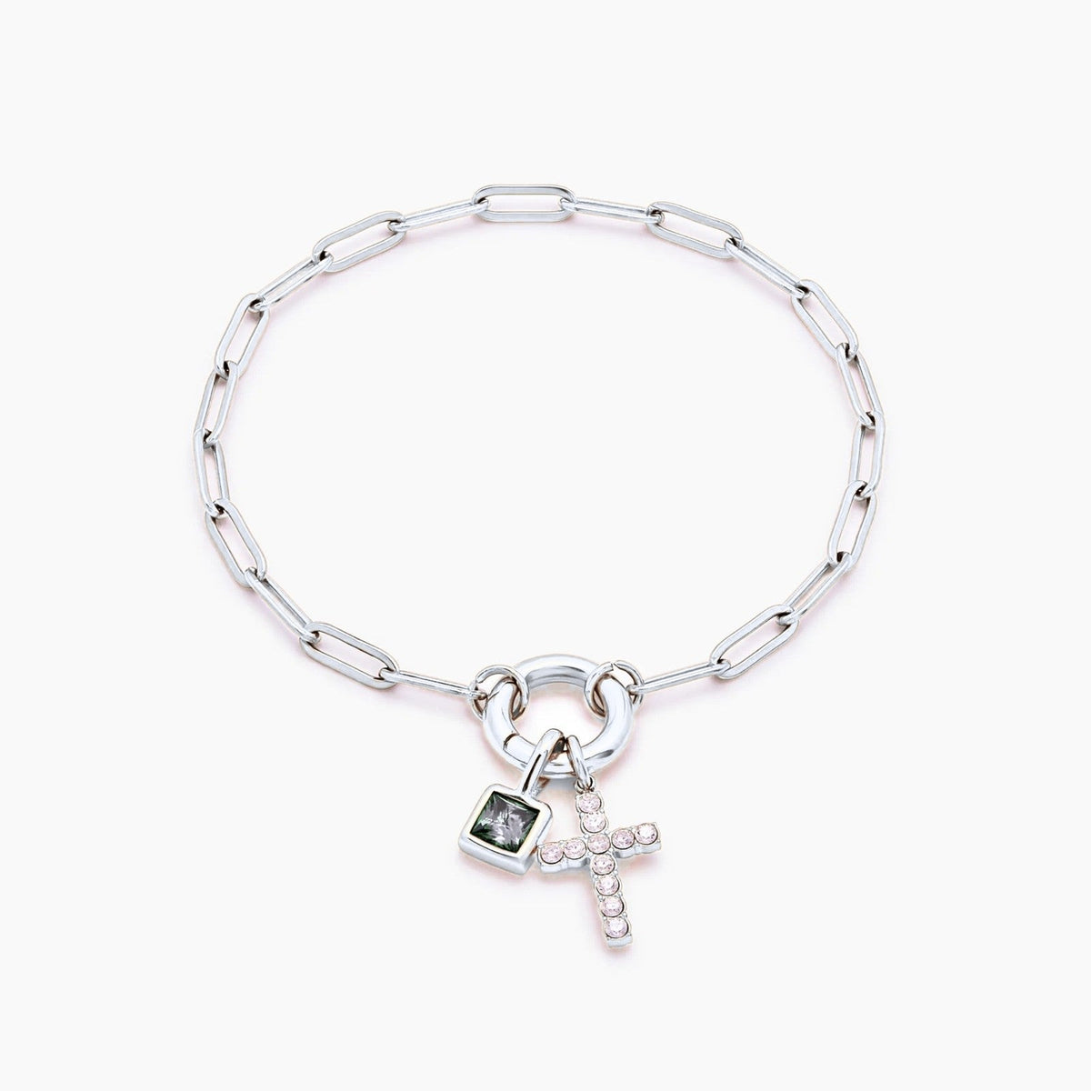 paperclip-cross-charm-bracelet — Silver / Apr-Diamond
