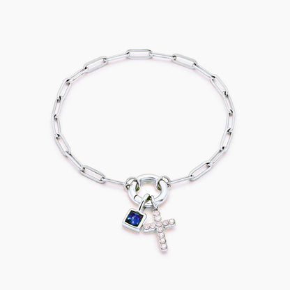 paperclip-cross-charm-bracelet — Silver / Dec-Blue Topaz