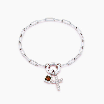 paperclip-cross-charm-bracelet — Silver / Jan-Garnet
