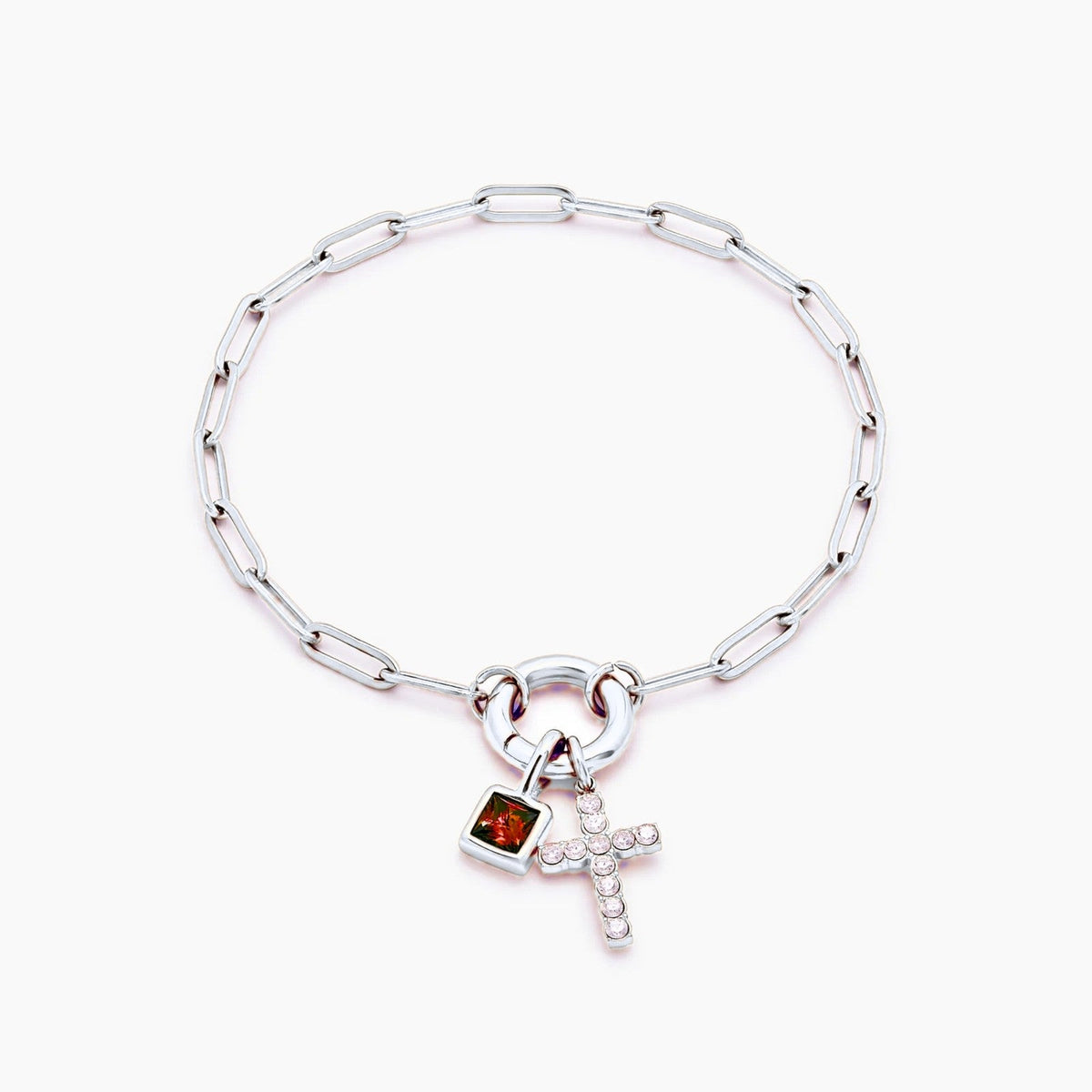 paperclip-cross-charm-bracelet — Silver / Jul-Ruby