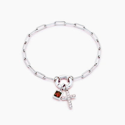 paperclip-cross-charm-bracelet — Silver / Jul-Ruby