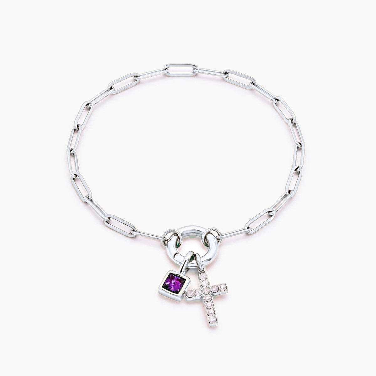 paperclip-cross-charm-bracelet — Silver / Jun-Alexandrite