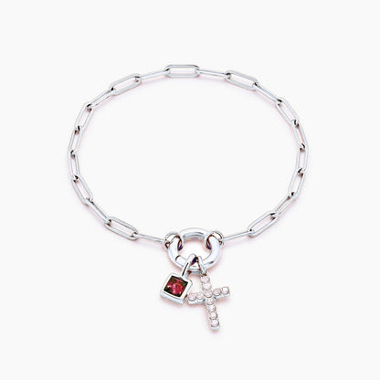 paperclip-cross-charm-bracelet — Silver / Oct-Pink Tourmaline