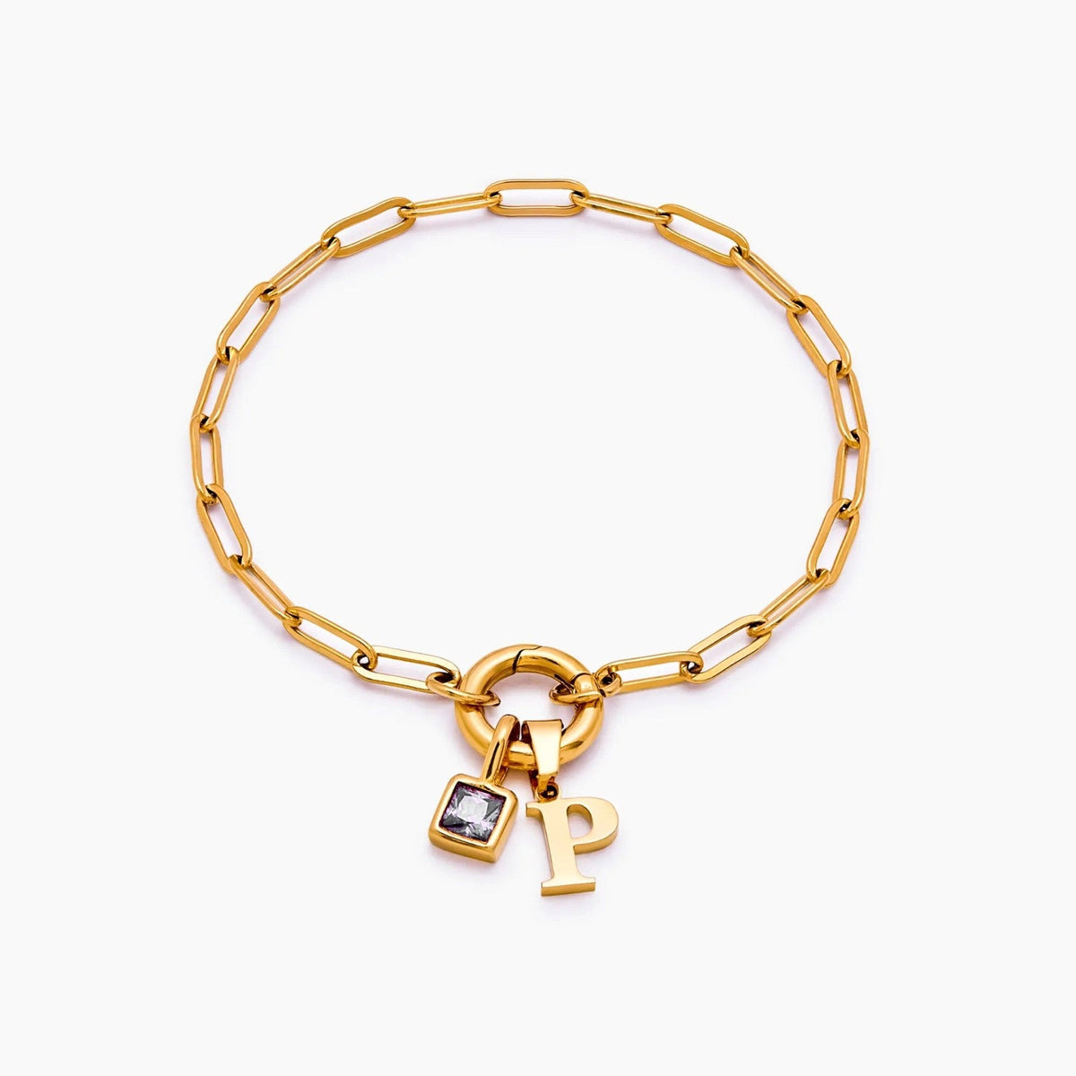 paperclip-initial-birthstone-bracelet — Gold / Apr-Diamond