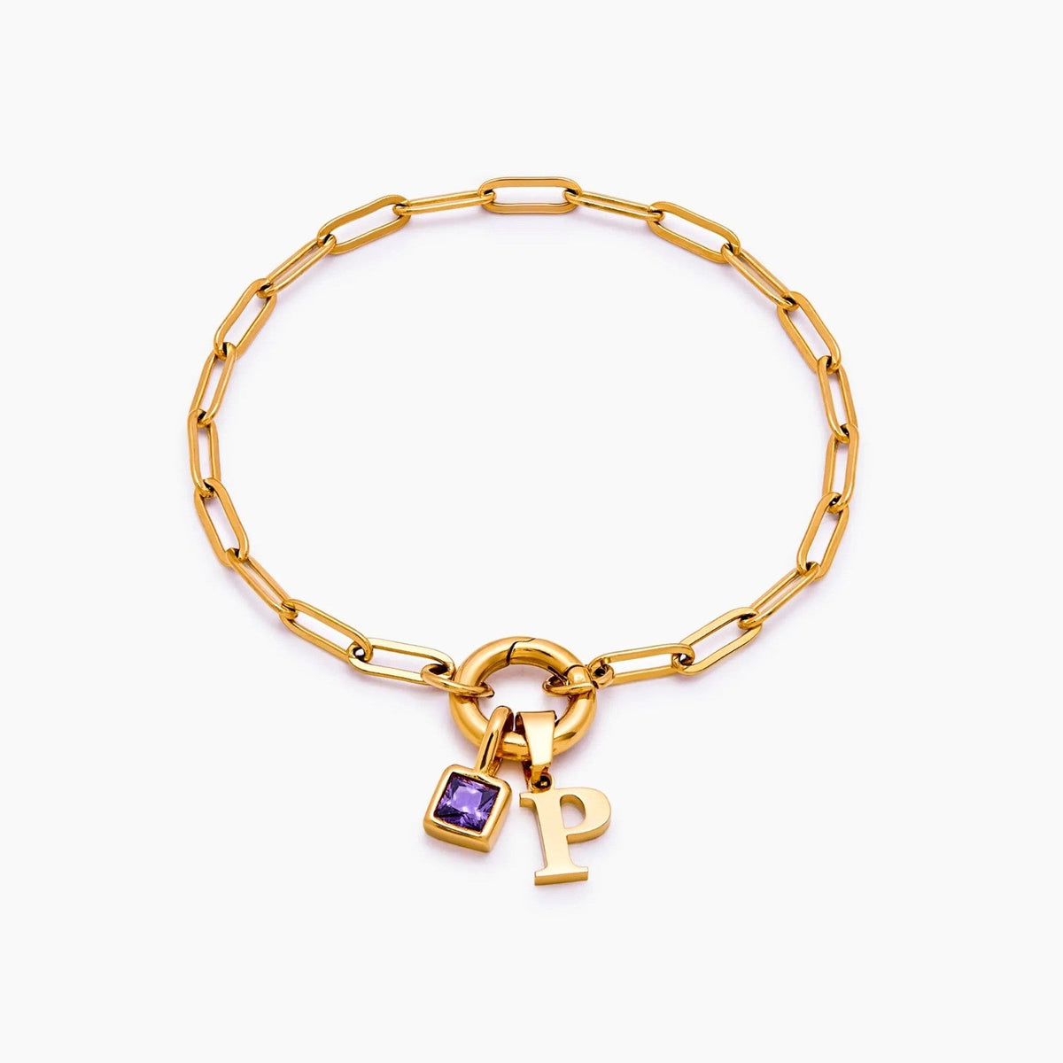 paperclip-initial-birthstone-bracelet — Gold / Jun-Alexandrite