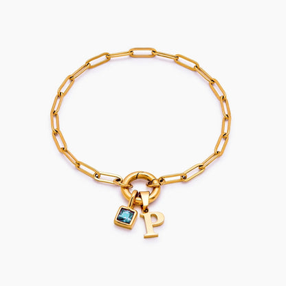 paperclip-initial-birthstone-bracelet — Gold / Mar-Aquamarine