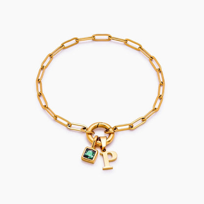 paperclip-initial-birthstone-bracelet — Gold / May-Emerald