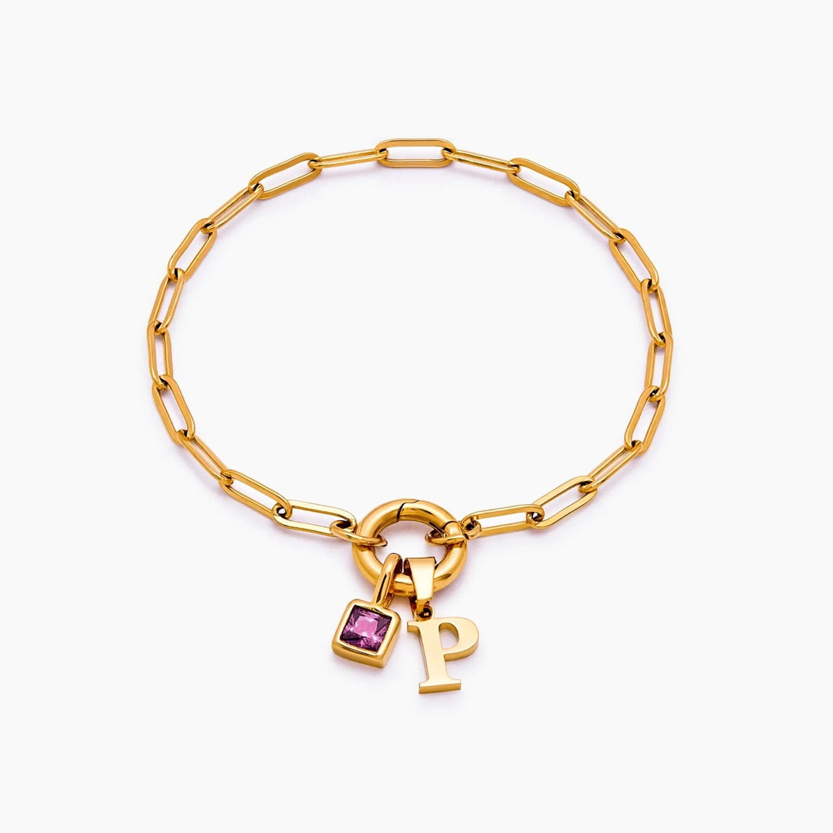paperclip-initial-birthstone-bracelet — Gold / Oct-Pink Tourmaline