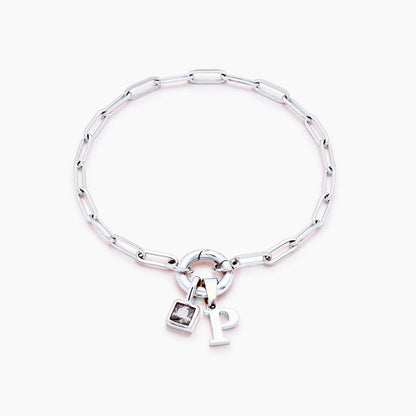 paperclip-initial-birthstone-bracelet — Silver / Apr-Diamond