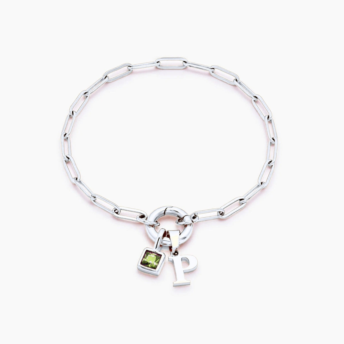 paperclip-initial-birthstone-bracelet — Silver / Aug-Peridot