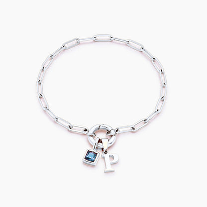 paperclip-initial-birthstone-bracelet — Silver / Dec-Blue Topaz